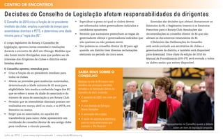 CENtro dE ENCoNtroS

Decisões do Conselho de Legislação afetam responsabilidades de dirigentes
O Conselho de 2010 criou a função de ex-presidente                 Especificar o prazo no qual os clubes devem            Emendas são decisões que afetam diretamente os

imediato de clube, ampliou o período de tempo para                  ser informados sobre governadores indicados e       Estatutos do RI, o Regimento Interno e os Estatutos
                                                                    candidatos opositores.                              Prescritos para o Rotary Club. Resoluções são
assembleias distritais e PETS, e determinou uma idade
                                                                   Permitir que sucessores preencham as vagas de       recomendações ao conselho diretor do RI que não
mínima para a “regra dos 85”.
                                                                    governadores eleitos e governadores indicados que   afetam os documentos estatutários do RI.
O corpo legislativo do Rotary, o Conselho de                        não queiram ou não possam servir.                      O Relatório das Deliberações do Conselho
Legislação, aprovou novas emendas e resoluções                     Dar poderes ao conselho diretor do RI para agir     está sendo enviado aos secretários de clubes e
durante o encontro de abril em Chicago. Medidas que                 quando um distrito tiver diversas reclamações       governadores de distrito, e também está disponível
não foram muito divulgadas, mas que podem ser de                    eleitorais no período de cinco anos.                para download. Uma cópia da edição de 2010 do
interesse dos dirigentes de clubes e distritos estão                                                                    Manual de Procedimento (035-PT) será enviada a todos
listadas abaixo.                                                                                                        os clubes assim que estiver disponível.

O Conselho aprovou emendas para
   Criar a função de ex-presidente imediato para                  SAiBA MAiS SoBrE o
    todos os clubes.                                               CoNSELHo
   Alterar as provisões para ausências autorizadas,               Notícias no site do RI trazem mais
    determinando a idade mínima de 65 anos para                    detalhes das principais decisões
    eligibilidade. Isto muda a conhecida ‘regra dos 85’,           tomadas e os destaques diários do
    que se refere à soma da idade do associado e do                Conselho de abril, incluindo:
    número de anos de associação a um Rotary Club.                 •	 	 	aumento de US$1 nas cotas per
                                                                      O
   Permitir que as assembleias distritais possam ser                 capita
    realizadas em março, abril ou maio, e os PETS, em              •	 	 	nova	Avenda de Serviços:
                                                                      A
    fevereiro ou março.                                               Novas Gerações
   Exigir que ex-associados, ou aqueles em                        •	 	 	aprovação	dos	e-clubs
                                                                      A
    transferência para outro clube, apresentem um                  •	 	 	opção	de	assinatura eletrônica
                                                                      A
    certificado do conselho diretor de seu antigo clube               para os norte-americanos que
                                                                                                                                       Representantes no Conselho ouvem o debate
    para confirmar o vínculo passado.                                 assinam a The Rotarian
                                                                                                                                             sobre um item de legislação proposto.

Julho de 2010 | www.rotary.org/rotaryleader | rotary.leader@rotary.org
 