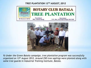 TREE PLANTATION 13TH AUGUST, 2012




9) Under the Green Batala campaign, tree plantation program was successfully
organized on 13th August 2012. Around 250 tree saplings were planted along with
some tree guards in Industrial Training Institute, Batala.
 