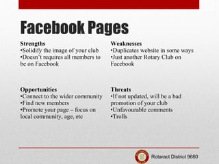 Facebook Pages
Strengths                          Weaknesses
•Solidify the image of your club   •Duplicates website in som...