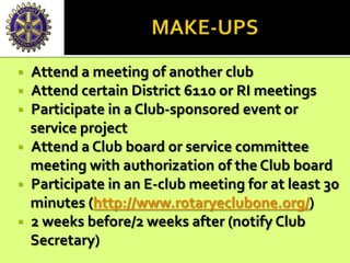  Attend a meeting of another club
 Attend certain District 6110 or RI meetings
 Participate in a Club-sponsored event or
service project
 Attend a Club board or service committee
meeting with authorization of the Club board
 Participate in an E-club meeting for at least 30
minutes (http://www.rotaryeclubone.org/)
 2 weeks before/2 weeks after (notify Club
Secretary)
 
