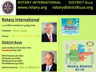 Rotary International
1.22 million members in 33,855 clubs
President: Sakuji Tanaka
Theme: “Peace Through Service”
District 6110
5200 members in 81 Clubs in the
heartland of the USA
NW Arkansas (26 clubs)
SE Kansas (13 clubs),
SW Missouri (10 clubs)
NE Oklahoma (32 clubs)
District Governor: John D. Williams Jr.
 