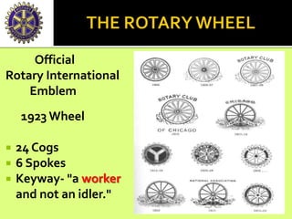 Official
Rotary International
Emblem
1923 Wheel
 24 Cogs
 6 Spokes
 Keyway- "a worker
and not an idler."
 