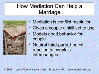 How Mediation Can Help a Marriage Mediation is conflict resolution Gives a couple a skill set to use Models good behavior for couple Neutral third-party, honest reaction to couple’s interchanges © 2009  Law Offices of Laurie Israel  Brookline, MA  www.laurieisrael.com 