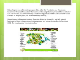 Nature Explore is a collaborative program of the Arbor Day Foundation and Dimensions 
Educational Research Foundation. The mission of this comprehensive, research-based initiative 
is to help children and families develop a profound engagement with the natural world, where 
nature is an integral, joyful part of children's daily learning. 
Nature Explore offers on-site outdoor classroom design services with a specially trained 
landscape architect-educator team. Our design team met with us for two days in November 
2011. The result was our own concept plan. 
 