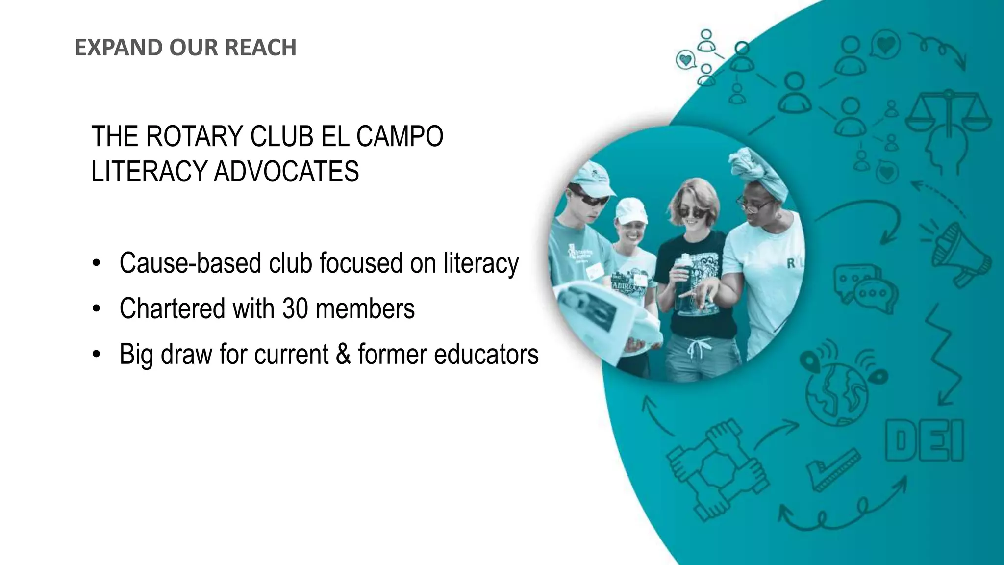 THE ROTARY CLUB EL CAMPO
LITERACY ADVOCATES
• Cause-based club focused on literacy
• Chartered with 30 members
• Big draw for current & former educators
EXPAND OUR REACH
 