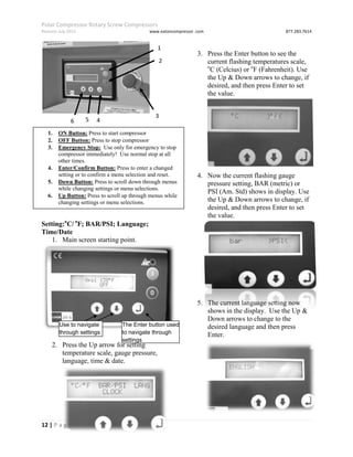 Polar Compressor Rotary Screw Compressors
Revision July.2015 www.eatoncompressor .com 877.283.7614
12 | P a g e
Setting:o
C/ o
F; BAR/PSI;
Language; Time/Date
Setting:o
C/ o
F; BAR/PSI; Language;
Time/Date
1. Main screen starting point.
2. Press the Up arrow for setting
temperature scale, gauge pressure,
language, time & date.
3. Press the Enter button to see the
current flashing temperatures scale,
o
C (Celcius) or o
F (Fahrenheit). Use
the Up & Down arrows to change, if
desired, and then press Enter to set
the value.
4. Now the current flashing gauge
pressure setting, BAR (metric) or
PSI (Am. Std) shows in display. Use
the Up & Down arrows to change, if
desired, and then press Enter to set
the value.
5. The current language setting now
shows in the display. Use the Up &
Down arrows to change to the
desired language and then press
Enter.
1. ON Button: Press to start compressor
2. OFF Button: Press to stop compressor
3. Emergency Stop: Use only for emergency to stop
compressor immediately! Use normal stop at all
other times.
4. Enter/Confirm Button: Press to enter a changed
setting or to confirm a menu selection and reset.
5. Down Button: Press to scroll down through menus
while changing settings or menu selections.
6. Up Button: Press to scroll up through menus while
changing settings or menu selections.
1
2
3
56 4
Use to navigate
through settings
The Enter button used
to navigate through
settings
 