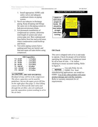 Polar Compressor Rotary Screw Compressors
Revision July.2015 www.eatoncompressor .com 877.283.7614
9 | P a g e
1. Install appropriate ASME code
safety valves and adequate
condensate drains on piping
system.
2. Never use reducers in discharge
piping. Keep all piping and fittings
the same size in the piping system to
help prevent pressure drops.
3. For permanent installations of
compressed air systems, determine
total length of system and select
correct pipe size. Bury underground
lines below frost line and avoid areas
where condensation could build-up
and freeze.
4. Test entire piping system before
underground lines are buried, and
find and repair all leaks before using
compressor.
Oil Capacities:
7.5– 10 HP – 1.3 Gallon
15 – 20 HP – 1.5 Gallon
25 – 30 HP – 2.5 Gallon
40 – 60 HP – 5.5 Gallon
75 – 100 HP – 8 Gallon
125 – 150 HP – 18 Gallon
175 – 200 HP – 24 Gallon
DO NOT OVERFILL.
Residual oil may still be in the compressor.
The above capacities can be used for
guidelines, but use the upper arrow fill line
on the sight glass (See page 7). Over filling
causes oil to blowout the inlet valve and
through the air filter, also oil could push
past the separation system resulting in oil in
the air lines.
Oil Check
This unit is shipped with oil in it and ready
to operate. Check for proper oil level before
operating the compressor. Compressor must
be off at least 45 min. - 1 hr. before
checking to ensure accurate reading. Refer
to figure 6.
Use only Polar Air oil,
model no. Oil003. For food
manufacturing applications, use model no.
Oil001. Use of any other product will cause
product damage and void the warranty.
Refer to warranty statement for oil
requirements.
Labels on
tank show
proper oil
levels. Oil
should be
near bottom
of sight
tube when
running.
Figure 6: Sight Tube for Lubricating Oil
 
