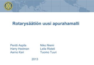 Rotarysäätiön uusi apurahamalli



Pentti Aspila          Niko Niemi
Harry Hedman           Leila Risteli
Aarno Kari             Tuomo Tuuri

                2013
 