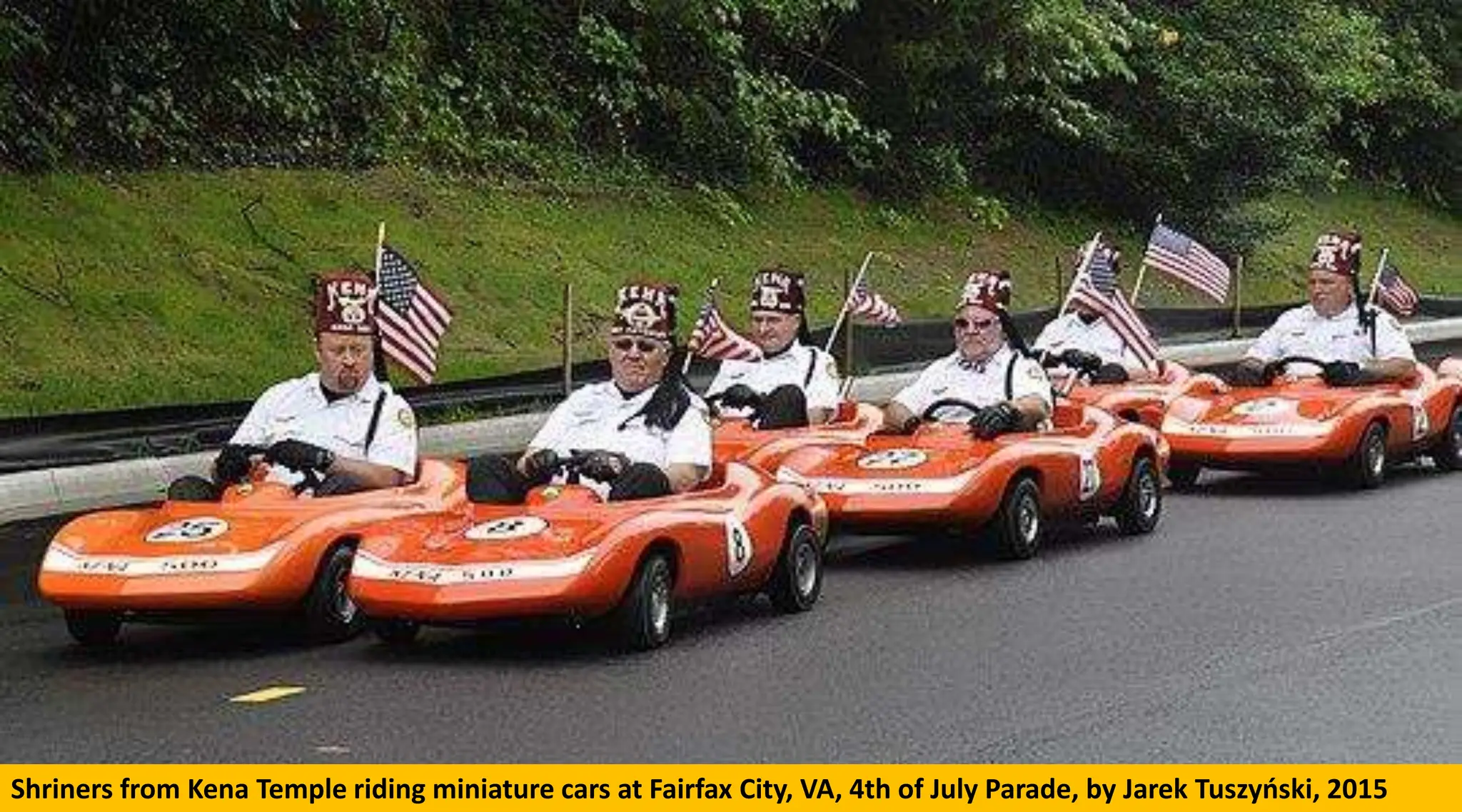 Shriners from Kena Temple riding miniature cars at Fairfax City, VA, 4th of July Parade, by Jarek Tuszyński, 2015
 