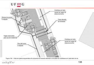 Figura 144 – Vista em planta esquemática de proposta de travessia elevada e vinculada às ciclofaixas em cada lado da via.
Faixa elevada
de travessia
Vagas reservadas
para uso de credencial
Rampa de acesso
à calçada
Ciclofaixa em lado
oposto às vagas de
estacionamento
Ciclofaixa em lado
oposto às vagas de
estacionamento
Piso tátil sobre
a calçada
138
 
