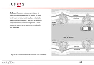 Figura 36 - Dimensionamento da faixa livre para caminhada
Solução: Nos locais onde ocorram rebaixos do
meio-fio e rampas para acesso ao passeio, ou ainda
onde haja árvores ou mobiliário urbano mal situados
aleatoriamente no passeio, a faixa livre de passagem
de pedestres deve manter sua largura livre e assim
apresentar suaves curvas que contornem a área de
tais obstáculos.
sarjeta
sarjeta
calçada
calçada
pista de veículos
piso tátil
direcional
piso tátil
direcional
50
 