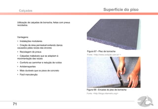 Utilização de calçadas de borracha, feitas com pneus
reciclados.
Vantagens:
• Instalações modulares
• Criação de área permeável evitando danos
causados pelas raízes das árvores
• Reciclagem de pneus
• Calçadas maleáveis que se adaptam à
movimentação das raízes
• Conforto ao caminhar e redução de ruídos
• Antiderrapantes
• Mais duráveis que os pisos de concreto
• Fácil manutenção
Fonte: <http://blogs.ridemetro.org/>
Superfície do pisoCalçadas
Fonte: <http://www.ciclopak.com.br/ >
Figura 67 - Piso de borracha
Figura 68 - Encaixe do piso de borracha
71
 