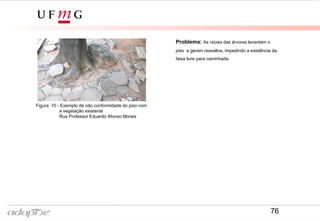 Problema: As raízes das árvores levantam o
piso e geram ressaltos, impedindo a existência da
faixa livre para caminhada.
Figura 70 - Exemplo de não conformidade do piso com
a vegetação existente
Rua Professor Eduardo Afonso Morais
76
 