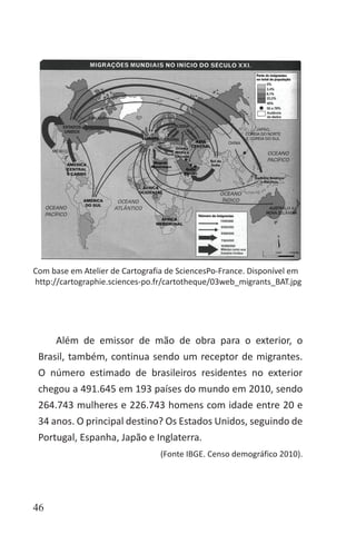 46
Com base em Atelier de Cartografia de SciencesPo-France. Disponível em
http://cartographie.sciences-po.fr/cartotheque/03web_migrants_BAT.jpg
Além de emissor de mão de obra para o exterior, o
Brasil, também, continua sendo um receptor de migrantes.
O número estimado de brasileiros residentes no exterior
chegou a 491.645 em 193 países do mundo em 2010, sendo
264.743 mulheres e 226.743 homens com idade entre 20 e
34 anos. O principal destino? Os Estados Unidos, seguindo de
Portugal, Espanha, Japão e Inglaterra.
(Fonte IBGE. Censo demográfico 2010).
 