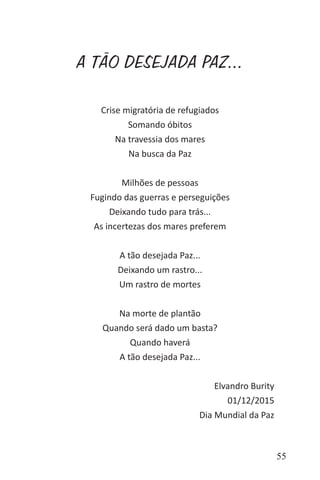 55
A TÃO DESEJADA PAZ...
Crise migratória de refugiados
Somando óbitos
Na travessia dos mares
Na busca da Paz
Milhões de pessoas
Fugindo das guerras e perseguições
Deixando tudo para trás...
As incertezas dos mares preferem
A tão desejada Paz...
Deixando um rastro...
Um rastro de mortes
Na morte de plantão
Quando será dado um basta?
Quando haverá
A tão desejada Paz...
Elvandro Burity
01/12/2015
Dia Mundial da Paz
 