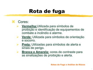 Rota de fuga
 Cores:
   Vermelha:Utilizada para símbolos de
    proibição e identificação de equipamentos de
    combate a incêndio e alarme.
   Verde: Utilizada para símbolos de orientação
    e socorro.
   Preta: Utilizadas para símbolos de alerta e
    sinais de perigo.
   Branca e Amarela: cores de contraste para
    as sinalizações de proibição e alerta.

                         Rotas de Fuga e Análise de Riscos

                                                             20
 