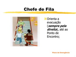 Chefe de Fila

        Orienta a
         evacuação
         (sempre pela
         direita), até ao
         Ponto de
         Encontro;




             Plano de Emergência

                                   41
 