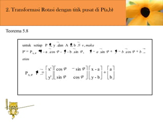 2. Transformasi Rotasi dengan titik pusat di P(a,b)

Teorema 5.8
untuk setiap P x, y dan A a, b

v , maka

P'

,

P A,

x - a cos

- y - b sin

x

a sin

y

atau

P A,

P

x'

cos

sin

x -a

a

y'

sin

cos

y-b

b

b cos

b

 