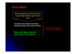 Posisi Bulan
Posisi Bulan
Bulan mengelilingi Bumi, keduanya
mengelilingi Matahari dgn lintasan
elips
Posisi Bumi dan Bulan relatif thdp
Matahari setiap waktu selalu berubah
Bidang orbit Bulan membentuk
sudut sekitar 50 thdp ekliptika.
fase-fase Bulan
 