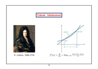C´lculo Inﬁnitesimal
                         a




                                            df              f (x+h)−f (x)
G. Leibniz, 1646-1716             f (x) =   dx   = limh→0         h




                                 14
 