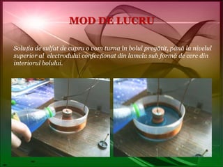 MOD DE LUCRUSoluția de sulfat de cupru o vom turna în bolul pregătit, până la nivelul superior al  electrodului confecționat din lamela sub formă de cerc din interiorul bolului.