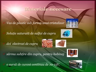 Materiale necesareVas de plastic sub forma unui cristalizorSoluţie saturată de sulfat de cuprudoi  electrozi de cupru  sârma subţire din cupru, pentru bobinajo sursă de curent continuu de 10-15V.