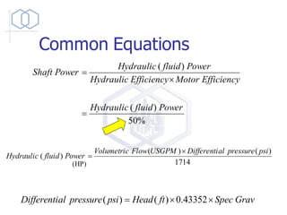 %
50
)
(
)
(
Power
fluid
Hydraulic
Efficiency
Motor
Efficiency
Hydraulic
Power
fluid
Hydraulic
Power
Shaft
=

=
1714
)
(
)
(
)
(
psi
pressure
al
Differenti
USGPM
Flow
Volumetric
Power
fluid
Hydraulic

=
Grav
Spec
ft
Head
psi
pressure
al
Differenti 

= 43352
.
0
)
(
)
(
(HP)
Common Equations
 