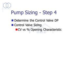 Pump Sizing - Step 4
◼ Determine the Control Valve DP
◼ Control Valve Sizing
◼CV vs % Opening Characteristic
CV Volumetric_Flow
Spec_Gravity
Pressure_Differential

Volumetric_Flow
gal
min
Pressure_Differential psi
 