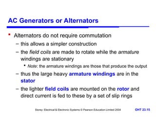 Storey: Electrical & Electronic Systems © Pearson Education Limited 2004 OHT 23.15
AC Generators or Alternators
 Alternators do not require commutation
– this allows a simpler construction
– the field coils are made to rotate while the armature
windings are stationary
 Note: the armature windings are those that produce the output
– thus the large heavy armature windings are in the
stator
– the lighter field coils are mounted on the rotor and
direct current is fed to these by a set of slip rings
 