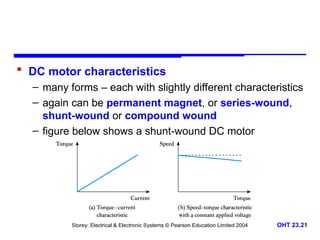 Storey: Electrical & Electronic Systems © Pearson Education Limited 2004 OHT 23.21
 DC motor characteristics
– many forms – each with slightly different characteristics
– again can be permanent magnet, or series-wound,
shunt-wound or compound wound
– figure below shows a shunt-wound DC motor
 