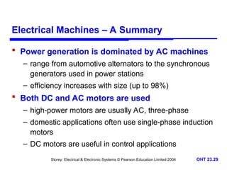 Storey: Electrical & Electronic Systems © Pearson Education Limited 2004 OHT 23.29
Electrical Machines – A Summary
 Power generation is dominated by AC machines
– range from automotive alternators to the synchronous
generators used in power stations
– efficiency increases with size (up to 98%)
 Both DC and AC motors are used
– high-power motors are usually AC, three-phase
– domestic applications often use single-phase induction
motors
– DC motors are useful in control applications
 