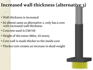 Increased wall thickness (alternative 3)
• Wall thickness is increased
• Its almost same as alternative 2, only has a core
with increased wall thickness
• Concrete used is C90/105
• Height of the tower 286m, 53 storey
• Core wall is made thicker to the inside core
• Thicker core creates an increase in dead weight
 