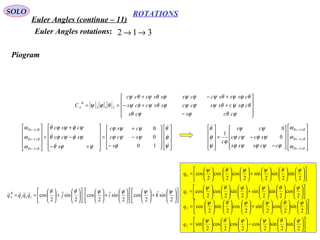 63
ROTATIONS
Euler Angles (continue – 11)
SOLO
312 →→Euler Angles rotations:
Piogram
[ ] [ ] [ ]










−
++−
+−+
==
ϕθϕϕθ
θϕψθψϕψϕθψφψ
θϕψθψϕψϕθψθψ
θϕψ
ccscs
cscssccssccs
csssccsssscc
C
B
A 213




















−
−
+
=










+−
−
+
=










←
←
←
ψ
ϕ
θ
ϕ
ψψϕ
ψψϕ
ψϕθ
ψϕψϕθ
ψϕψϕθ
ω
ω
ω






10
0
0
s
scc
csc
s
scc
csc
zBAB
yBAB
xBAB




















−
−=










←
←
←
zBAB
yBAB
xBAB
ccsss
sccc
cs
c
ω
ω
ω
ϕψϕψϕ
ψϕψϕ
ψψ
ϕ
ψ
ϕ
θ
0
0
1















+

















+

















+





==
2
sin
2
cos
2
sin
2
cos
2
sin
2
cos
ψψϕϕθθ
kijqqqq zxy
B
A

























+

















=
2
sin
2
sin
2
sin
2
cos
2
cos
2
cos0
ϕθψϕθψ
q
























+

















=
2
cos
2
sin
2
sin
2
sin
2
cos
2
cos1
ϕθψϕθψ
q
























+

















=
2
sin
2
cos
2
sin
2
cos
2
sin
2
cos2
ϕθψϕθψ
q
























−

















=
2
sin
2
sin
2
cos
2
cos
2
cos
2
sin3
ϕθψϕθψ
q
 