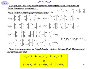 79
ROTATIONS
Cayley-Klein (or Euler) Parameters and Related Quantities (continue – 6)
SOLO
Euler Parameters (continue – 2)
Pauli Spinor Matrices properties (continue – 1):
321
0
0
0
0
01
10
σσσ i
i
i
i
i
=





−
=




 −






= 312
0
0
01
10
0
0
σσσ i
i
i
i
i
−=




−
=










 −
=
132
0
0
10
01
0
0
σσσ i
i
i
i
i
=





=





−




 −
= 123
0
0
0
0
10
01
σσσ i
i
i
i
i
−=





−
−
=




 −






−
=
213
0
0
01
10
01
10
10
01
σσσ i
i
i
i =




 −
=





−
=











−
=
231
0
0
01
10
10
01
01
10
σσσ i
i
i
i −=




 −
−=




 −
=





−





=
2233321 xiIi == σσσσσ
From those expressions we found that the relations between Pauli Matrices and
the quaternions are:
or
kijiii

=== 321 && σσσ
321 && σσσ ikijii −=−=−=







−
=




 −
=





=
10
01
,
0
0
,
01
10
321 σσσ
i
i
 