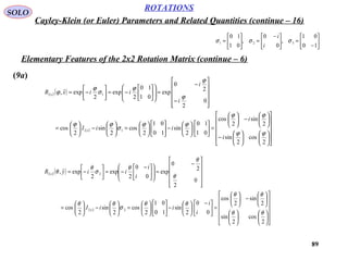 89
ROTATIONS
Cayley-Klein (or Euler) Parameters and Related Quantities (continue – 16)
SOLO






−
=




 −
=





=
10
01
,
0
0
,
01
10
321 σσσ
i
i
Elementary Features of the 2x2 Rotation Matrix (continue – 6)
(9a)
( )
























−






−





=











−











=





−





=












−
−
=













−=



−=
2
cos
2
sin
2
sin
2
cos
01
10
2
sin
10
01
2
cos
2
sin
2
cos
0
2
2
0
exp
01
10
2
exp
2
expˆ,
122
122
ϕϕ
ϕϕ
ϕϕ
σ
ϕϕ
ϕ
ϕ
ϕ
σ
ϕ
ϕ
i
i
iiI
i
i
iixR
x
x
( )






























−





=




 −






−











=





−





=












−
=












 −
−=



−=
2
cos
2
sin
2
sin
2
cos
0
0
2
sin
10
01
2
cos
2
sin
2
cos
0
2
2
0
exp
0
0
2
exp
2
expˆ,
222
222
θθ
θθ
θθ
σ
θθ
θ
θ
θ
σ
θ
θ
i
i
iiI
i
i
iiyR
x
x
 