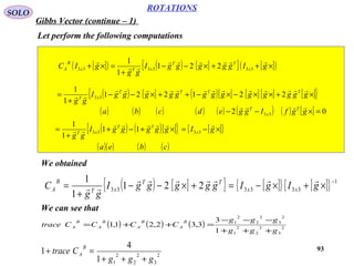 93
ROTATIONS
Gibbs Vector (continue – 1)
SOLO
Let perform the following computations
[ ]( ) ( ) [ ]{ } [ ]( )×++×−−
+
=×+ gIgggggI
gg
gIC x
TT
xTx
B
A



333333 221
1
1
( ) [ ] ( )[ ] [ ] [ ] [ ]{ }×+××−×−++×−−
+
= gggggggggggggI
gg
TTTT
xT

 221221
1
1
33
( ) ( )[ ]{ } [ ]{ }×−=×+−+
+
= gIgggggI
gg
x
TT
xT

 3333 11
1
1
( ) ( ) ( ) ( ) ( ) ( ) ( ) [ ] 02 33 =×−− ggfIggedcba T
x
T 
( )( ) ( ) ( )cbea
We obtained
( ) [ ]{ } [ ]{ } [ ]{ } 1
333333 221
1
1 −
×+×−=+×−−
+
= gIgIgggggI
gg
C xx
TT
xT
B
A


We can see that
( ) ( ) ( ) 2
3
2
2
2
1
2
3
2
2
2
1
1
3
3,32,21,1
ggg
ggg
CCCCtrace
B
A
B
A
B
A
B
A
+++
−−−
=++=
2
3
2
2
2
11
4
1
ggg
Ctrace
B
A
+++
=+
 