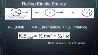 Rolling Kinetic Energy
Translation Rotation
K.E (total) = K.E (translation) + K.E (rotation)
K.Etotal = ½ mv2 + ½ I 2
Both pieces in units of Joules.
 