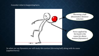 Consider what is happening here,
Force applied by
his hand is the
cause for above
motion (Dynamics)
So when we say Dynamics, we will study this motion (throwing ball) along with its cause
(applied force)
 