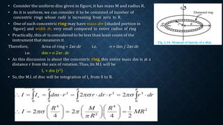 • Consider the uniform disc given in figure, it has mass M and radius R.
• As it is uniform, we can consider it to be consisted of number of
concentric rings whose radii is increasing from zero to R.
• One of such concentric ring may have mass dm (shaded portion in
figure) and width dr, very small compared to entire radius of ring
• Practically, this dr is considered to be less than least count of the
instrument that measures it.
Therefore, Area of ring = 2πr.dr i.e. σ = dm / 2πr.dr
i.e. dm = σ 2πr . dr
• As this discussion is about the concentric ring, this entire mass dm is at a
distance r from the axis of rotation.Thus, its M.I. will be
Ir = dm (r2)
• So, the M.I. of disc will be integration of Ir from 0 to R.
 