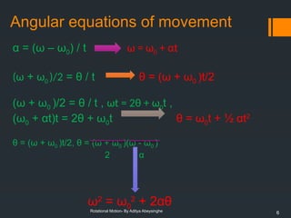 6
Rotational Motion- By Aditya Abeysinghe
Angular equations of movement
α = (ω – ω0) / t ω = ω0 + αt
(ω + ω0 )/2 = θ / t θ = (ω + ω0 )t/2
(ω + ω0 )/2 = θ / t , ωt = 2θ + ω0t ,
(ω0 + αt)t = 2θ + ω0t θ = ω0t + ½ αt2
θ = (ω + ω0 )t/2, θ = (ω + ω0 )(ω - ω0 )
2 α
ω2
= ω0
2
+ 2αθ
 