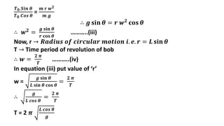 𝑻𝟎 𝑺𝒊𝒏 𝜽
𝑻𝟎 𝑪𝒐𝒔 𝜽
=
𝒎 𝒓 𝒘𝟐
𝒎 𝒈
∴ 𝒈 𝐬𝐢𝐧 𝜽 = 𝒓 𝒘𝟐 𝐜𝐨𝐬 𝜽
∴ 𝒘𝟐
=
𝒈 𝐬𝐢𝐧 𝜽
𝒓 𝐜𝐨𝐬 𝜽
………..(iii)
Now, r → 𝑹𝒂𝒅𝒊𝒖𝒔 𝒐𝒇 𝒄𝒊𝒓𝒄𝒖𝒍𝒂𝒓 𝒎𝒐𝒕𝒊𝒐𝒏 𝒊. 𝒆. 𝒓 = 𝑳 𝐬𝐢𝐧 𝜽
T → Time period of revolution of bob
∴ 𝒘 =
𝟐 𝝅
𝑻
………..(iv)
In equation (iii) put value of ‘r’
w =
𝒈 𝐬𝐢𝐧 𝜽
𝑳 𝐬𝐢𝐧 𝜽 𝐜𝐨𝐬 𝜽
=
𝟐 𝝅
𝑻
∴
𝒈
𝑳 𝒄𝒐𝒔 𝜽
=
𝟐 𝝅
𝑻
T = 2 𝝅
𝑳 𝒄𝒐𝒔 𝜽
𝒈
 
