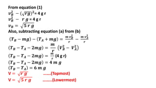 From equation (1)
𝒗𝑩
𝟐
− ( 𝒓𝒈)𝟐= 4 g r
𝒗𝑩
𝟐
− 𝒓 𝒈 = 4 g r
𝒗𝑩 = 𝟓 𝒓 𝒈
Also, subtracting equation (a) from (b)
𝑻𝑩 − 𝒎𝒈 − 𝑻𝑨 + 𝒎𝒈 =
𝒎 𝒗𝑩
𝟐
𝒓
−
𝒎 𝒗𝑨
𝟐
𝒓
𝑻𝑩 − 𝑻𝑨 − 𝟐𝒎𝒈 =
𝒎
𝒓
𝑽𝑩
𝟐
− 𝑽𝑨
𝟐
𝑻𝑩 − 𝑻𝑨 − 𝟐𝒎𝒈 =
𝒎
𝒓
(4 g r)
𝑻𝑩 − 𝑻𝑨 − 𝟐𝒎𝒈 = 𝟒 𝒎 𝒈
𝑻𝑩 − 𝑻𝑨 = 𝟔 𝒎 𝒈
V = 𝒓 𝒈 …….(Topmost)
V = 𝟓 𝒓 𝒈 ………(Lowermost)
 