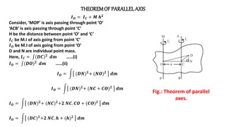 THEOREMOF PARALLEL AXIS
Fig.: Theorem of parallel
axes.
𝑰𝑶 = 𝑰𝑪 + 𝑴 𝒉𝟐
Consider, ‘MOP’ is axis passing through point ‘O’
‘ACB’ is axis passing through point ‘C’
H be the distance between point ‘O’ and ‘C’
𝑰𝑪 be M.I of axis going from point ‘C’
𝑰𝑶 be M.I of axis going from point ‘O’
D and N are individual point mass.
Here, 𝑰𝑪 = (𝑫𝑪)𝟐 𝒅𝒎 ……(i)
𝑰𝑶 = (𝑫𝑶)𝟐
𝒅𝒎 ……(ii)
𝑰𝑶 = (𝑫𝑵)𝟐+ (𝑵𝑶)𝟐 𝒅𝒎
𝑰𝑶 = (𝑫𝑵)𝟐+ (𝑵𝑪 + 𝑪𝑶)𝟐 𝒅𝒎
𝑰𝑶 = (𝑫𝑵)𝟐+ (𝑵𝑪)𝟐+𝟐 𝑵𝑪. 𝑪𝑶 + (𝑪𝑶)𝟐 𝒅𝒎
𝑰𝑶 = (𝑫𝑪)𝟐+𝟐 𝑵𝑪. 𝒉 + (𝒉)𝟐 𝒅𝒎
 