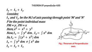 THEOREMOF perpendicular AXIS
Fig.: Theorem of Perpendicular
axes.
𝑰𝒛 = 𝑰𝒙 + 𝑰𝒚
Consider,
𝑰𝒙 and 𝑰𝒚 be the M.I of axis passing through point ‘M’ and ‘N’
P be the point individual mass
PM = y , PN = x
Here, 𝒛𝟐
= 𝒙𝟐
+ 𝒚𝟐
Now, 𝑰𝒙 = 𝒚𝟐
𝒅𝒎 , 𝑰𝒚 = 𝒙𝟐
𝒅𝒎
So, 𝑰𝒛 = (𝒚𝟐
+ 𝒙𝟐
) 𝒅𝒎
𝑰𝒛 = 𝒚𝟐
𝒅𝒎 + 𝒙𝟐
dm
𝑰𝒛 = 𝑰𝒚 + 𝑰𝒙
 