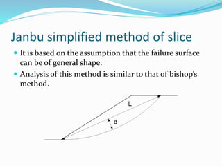 Janbu simplified method of slice
 It is based on the assumption that the failure surface
can be of general shape.
 Analysis of this method is similar to that of bishop’s
method.
 