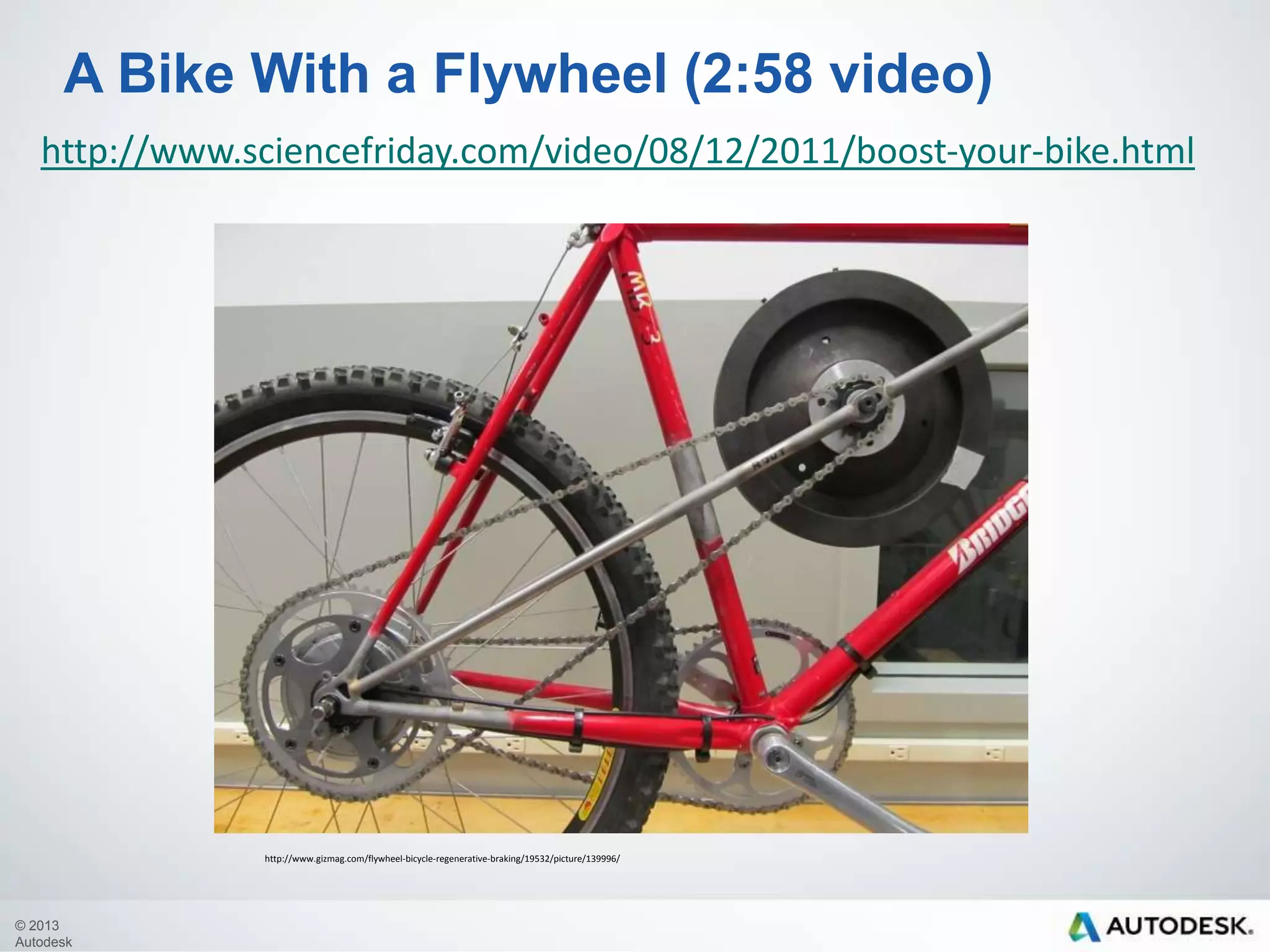 A Bike With a Flywheel (2:58 video)
http://www.sciencefriday.com/video/08/12/2011/boost-your-bike.html

http://www.gizmag.com/flywheel-bicycle-regenerative-braking/19532/picture/139996/

© 2013
Autodesk

 