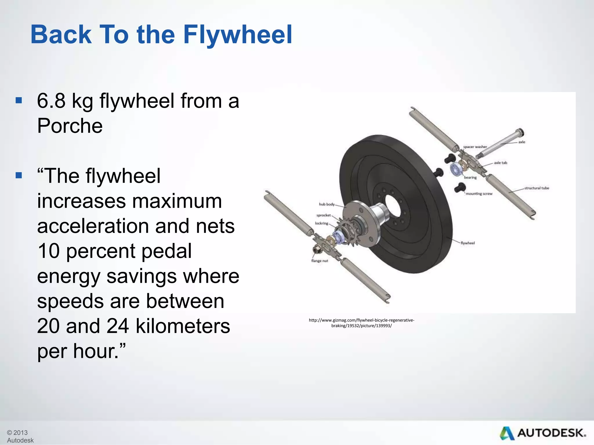 Back To the Flywheel
 6.8 kg flywheel from a
Porche
 “The flywheel
increases maximum
acceleration and nets
10 percent pedal
energy savings where
speeds are between
20 and 24 kilometers
per hour.”

© 2013
Autodesk

http://www.gizmag.com/flywheel-bicycle-regenerativebraking/19532/picture/139993/

 