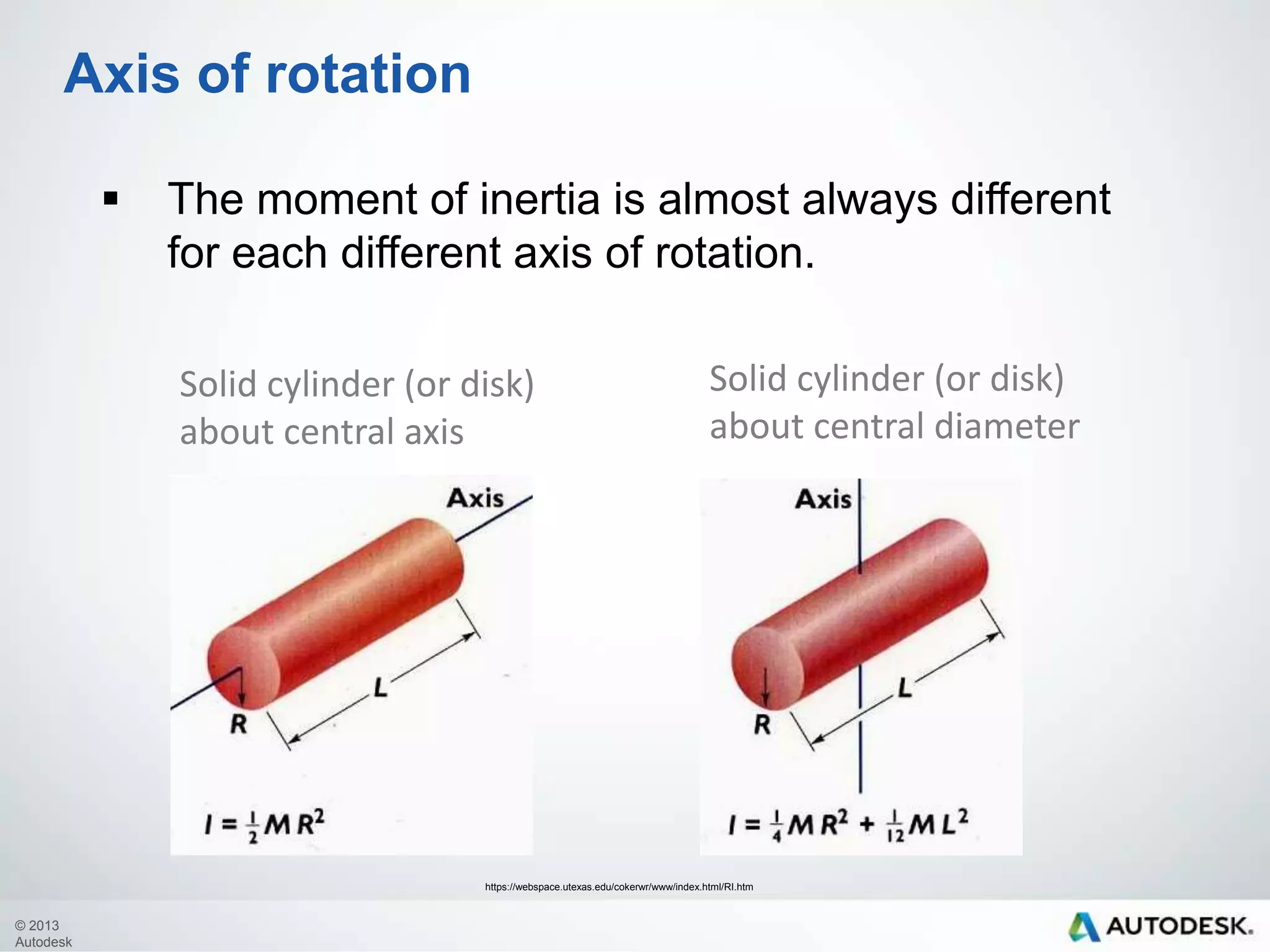 Axis of rotation


The moment of inertia is almost always different
for each different axis of rotation.
Solid cylinder (or disk)
about central axis

Solid cylinder (or disk)
about central diameter

https://webspace.utexas.edu/cokerwr/www/index.html/RI.htm

© 2013
Autodesk

 