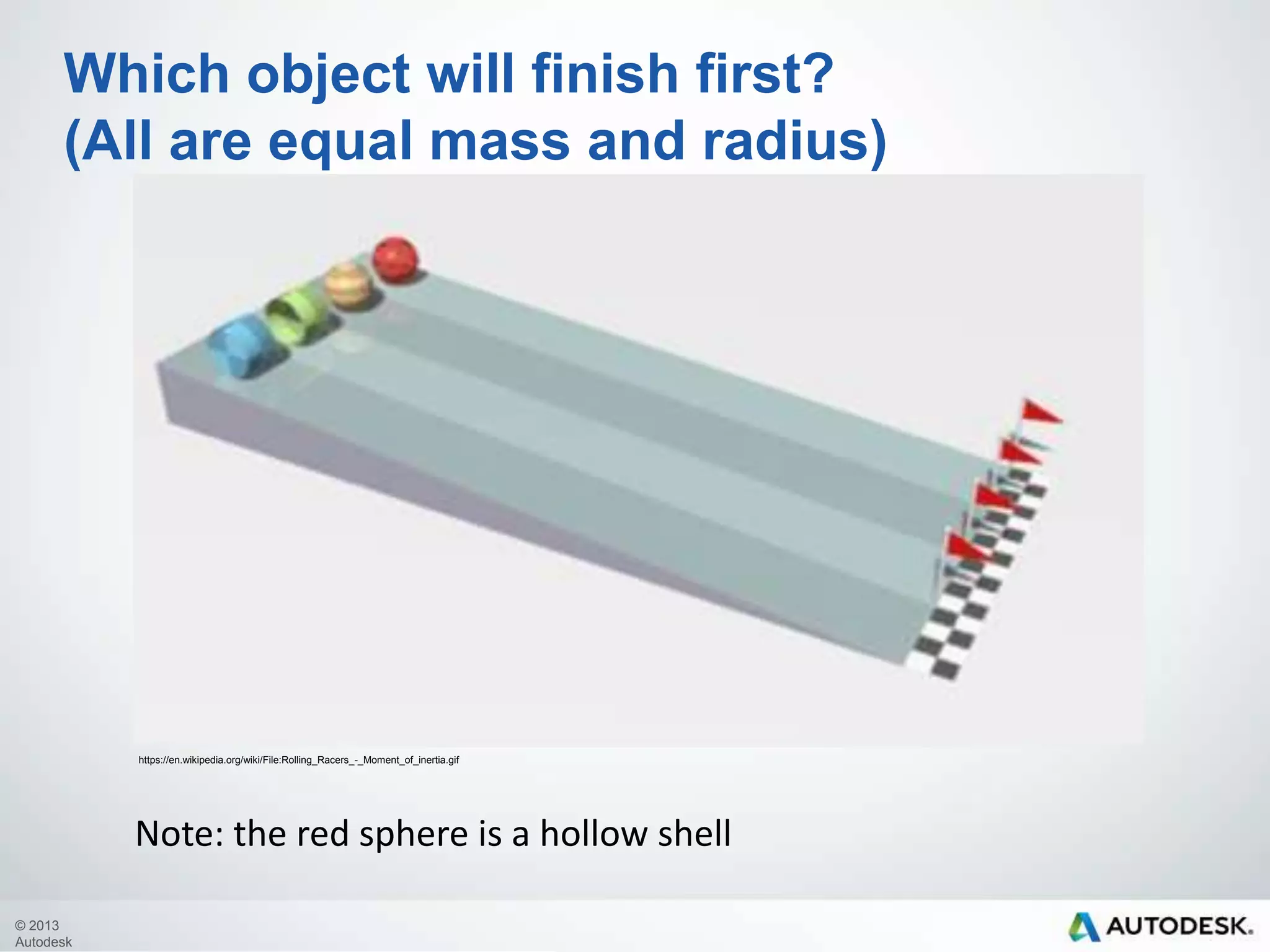 Which object will finish first?
(All are equal mass and radius)

https://en.wikipedia.org/wiki/File:Rolling_Racers_-_Moment_of_inertia.gif

Note: the red sphere is a hollow shell
© 2013
Autodesk

 