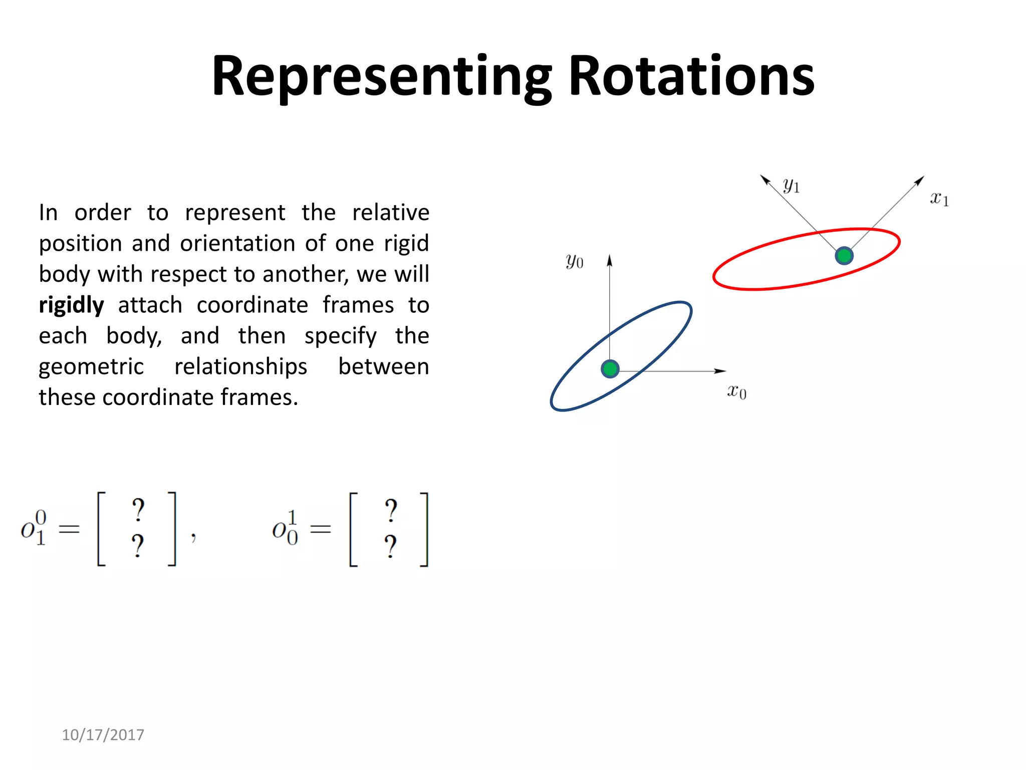 10/17/2017
Representing Rotations
In order to represent the relative
position and orientation of one rigid
body with respect to another, we will
rigidly attach coordinate frames to
each body, and then specify the
geometric relationships between
these coordinate frames.
 